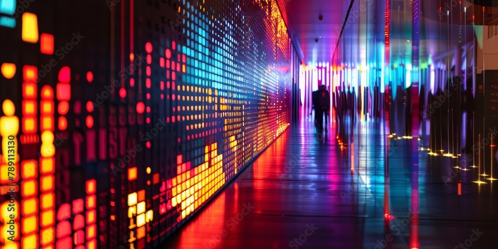 A colorful wall with a man walking in the background. The wall is made up of many different colored squares, creating a dynamic and energetic atmosphere A colorful wall with a man walking in the background. The wall is made up of many different colored squares, creating a dynamic and energetic atmosphere