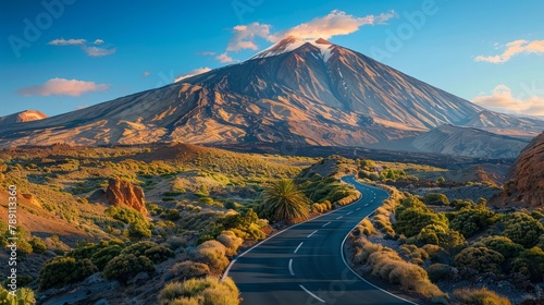 A mountain range is in the background of a road. The road is winding and surrounded by trees. The sky is clear and blue