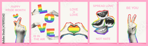 LGBTQ Pride month halftone collage vertical banners set. Grunge cut out from magazine human hands and mouths with rainbow symbol and positive slogans. Trendy modern retro vector illustration