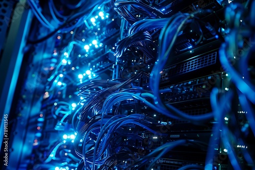 : A network of glowing blue data streams coursing through the metallic veins of a colossal supercomputer core. photo