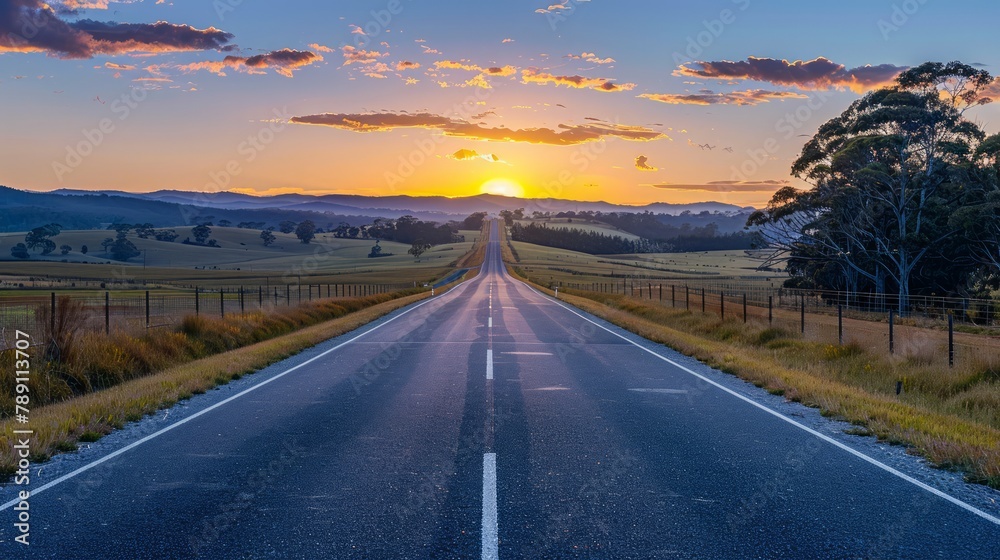 A mountain range is in the background of a road. The road is empty and straight. The sky is blue and the sun is shining