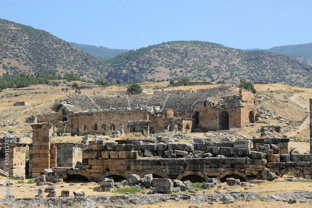 Roman amphitheatre in the ruins of Hierapolis, in Pamukkale, Denizli City, Turkey.