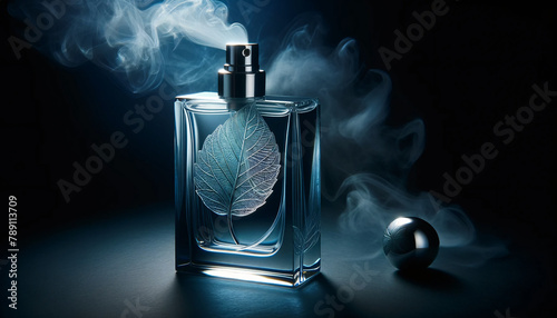A sleek glass perfume bottle with a mist of fragrance visibly emanating from its open neck. The bottle is detailed with a transparent photo