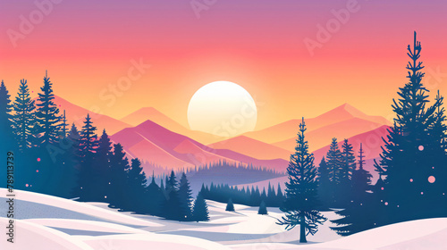 Winter sunset outdoor with distant hills 
