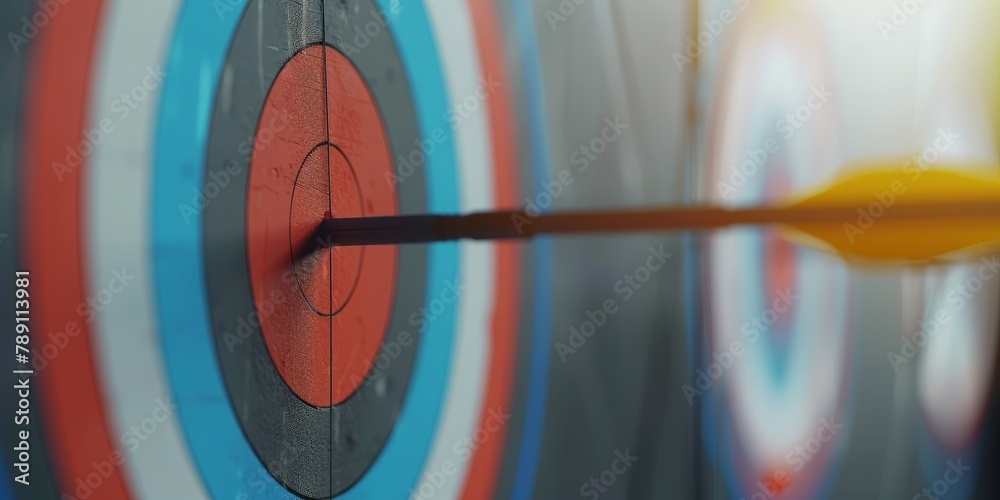 A red, white and blue target with a yellow arrow pointing to it. Concept of focus and determination, as the arrow is aimed directly at the center of the target A red, white and blue target with a yellow arrow pointing to it. Concept of focus and determination, as the arrow is aimed directly at the center of the target
