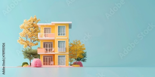 A yellow house with a tree in front of it. The house is on a blue background photo