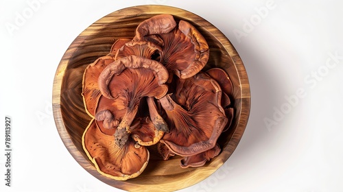 Dry Ganioderma Lucidum mushroom Ling Zhi Lingzhi Reishi in wooden bowl isolated on white background Top view Flat lay : Generative AI photo