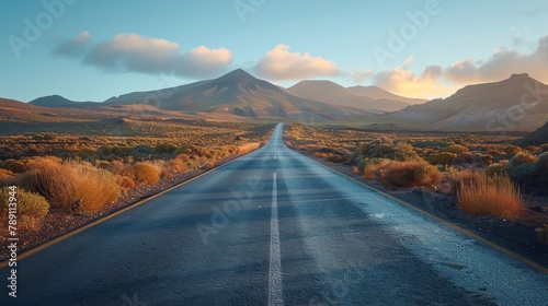 A long road with a mountain in the background. The road is wet and the sky is cloudy