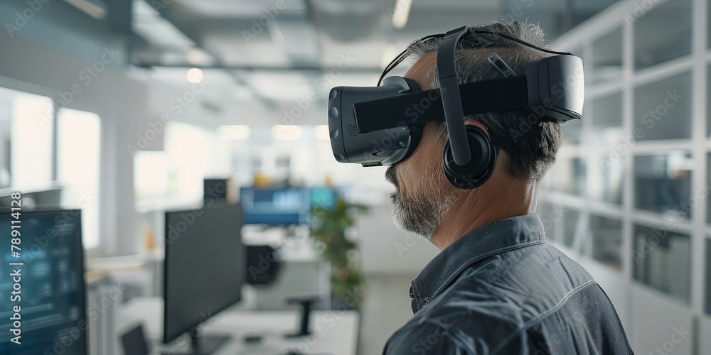 A man wearing a virtual reality headset is standing in front of a computer monitor. The room is filled with various computer equipment, including multiple monitors and keyboards