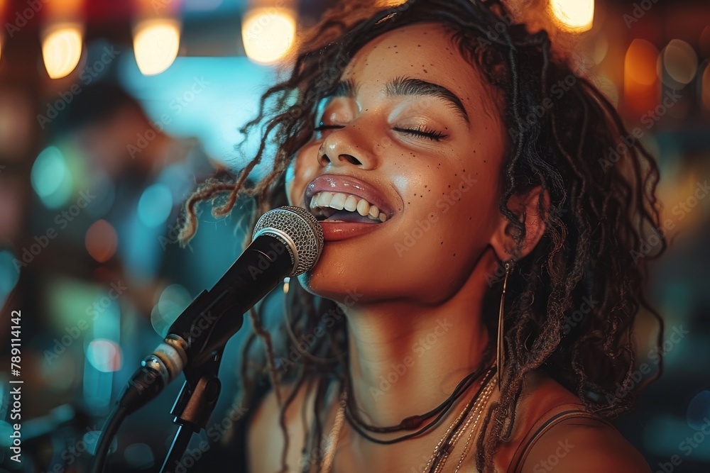 Close-up shot of a microphone on a stand, with bokeh lights in the background highlighting a musical theme Close-up shot of a microphone on a stand, with bokeh lights in the background highlighting a musical theme