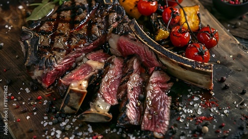 Traditional barbecue dry aged wagyu porterhouse beef steak bistecca alla Fiorentina with grilled vegetable and spice sliced and served as closeup on an old rustic board : Generative AI photo