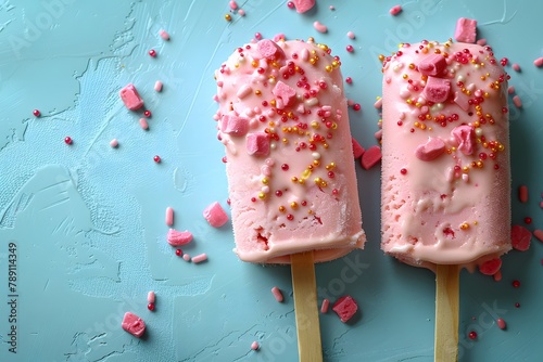 Two Popsicles With Pink Frosting and Sprinkles. Generative AI