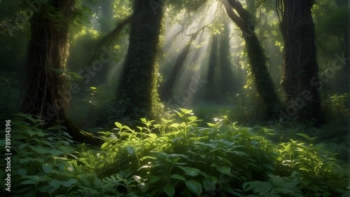   Prompt 1  Photorealistic Image An enchanting scene unfolds in the heart of the woods where a mystical green herb stands tall amidst the enchantment. The herb s leaves shimmer with a hint of magic  c