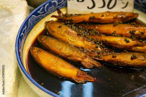 Ayu sweet fish in a market stall in Nishiki fish market in Kyoto, Japan. photo