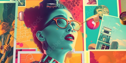 A woman with glasses and red lipstick is the main focus of the image. The background features a variety of colorful and abstract images, including a city skyline, a beach, and a spider web