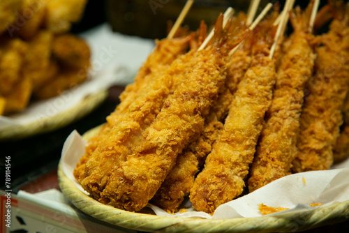 Giant japanese schrimps in a market stall in Nishiki fish market in Kyoto, Japan. photo