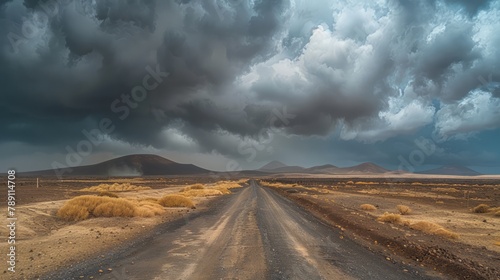 A desolate road with a stormy sky above. The sky is dark and cloudy, and the road is empty