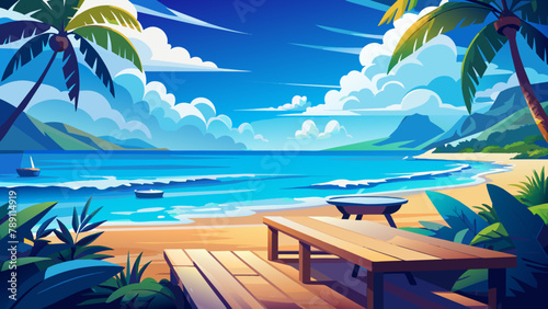 The tropical ocean in summer has waves, palm leaves and blue sky and clouds. The perfect holiday view of the empty wooden table