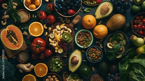 Creative flat lay with healthy vegetarian meal ingredients Raw food concept A variety of organic fruits nuts berries and vegetables with avocado Vegan menu : Generative AI