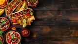 A top down view of a tempting spread of Mexican culinary delights like tacos burritos quesadillas and nachos showcased on a dark wooden background with a generous amount of space for text