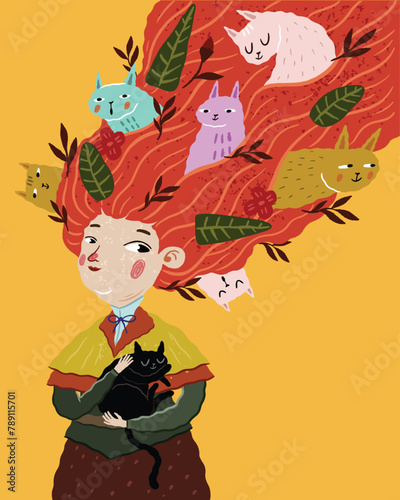 Woman and cute cats illustration lope