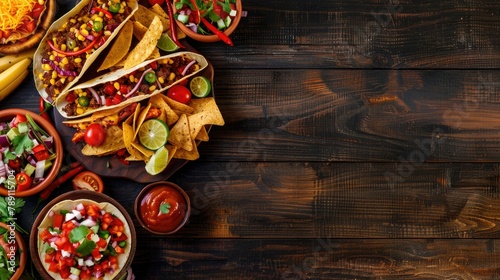 A top down view of a tempting spread of Mexican culinary delights like tacos burritos quesadillas and nachos showcased on a dark wooden background with a generous amount of space for text photo