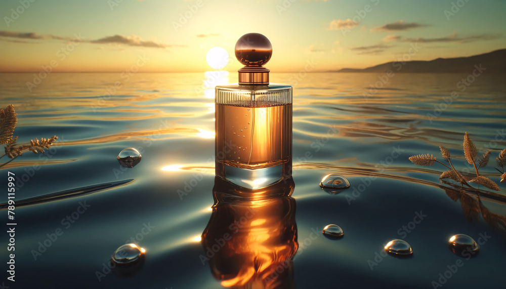 A transparent glass perfume bottle with a copper-colored cap, half-filled with an amber liquid - obrazy, fototapety, plakaty 