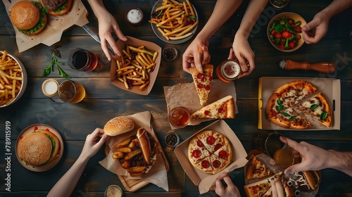 Lockdown family fast food dinner from delivery service Flatlay of friends having quarantine home party with delivered burgers fries sandwiches pizza beer over dark table background top : Generative AI