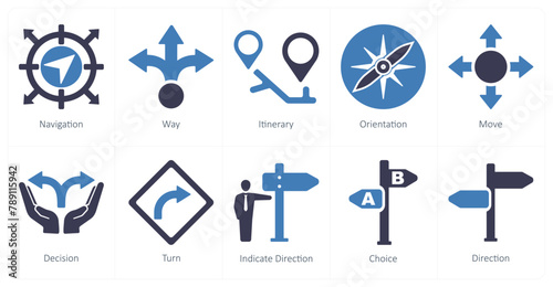 A set of 10 direction icons as navigation, way, itinerary