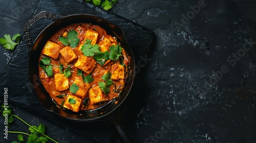 Paneer butter masala Indian style cottage cheese curry in cast iron pan on black stone background Top view flat lay : Generative AI