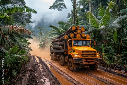 A determined orange truck laden with timber forges a path in a misty, muddy forest road, exemplifying industrious human pursuits