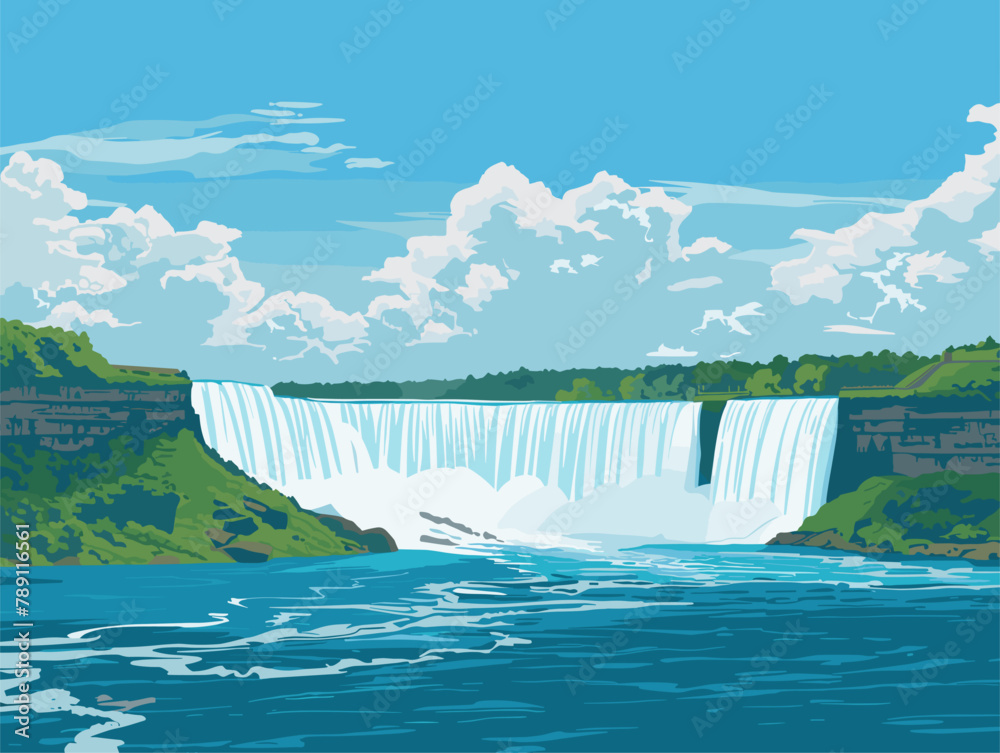 background, The Niagara Falls on the border of USA and Canada., very simple and isolate in the style of animated illustrations, background, text-based