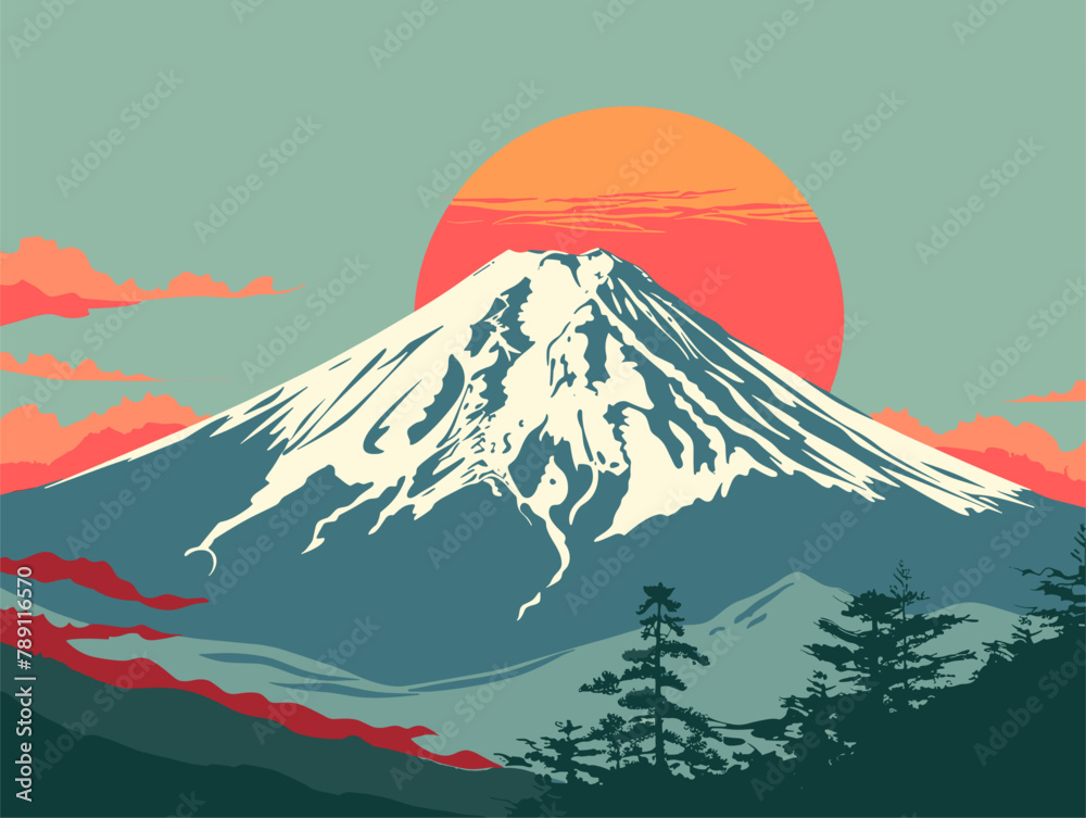 background, The Mount Fuji in Japan., very simple and isolate in the style of animated illustrations, background, text-based