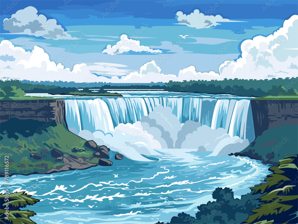 background, The Niagara Falls on the border of USA and Canada., very simple and isolate in the style of animated illustrations, background, text-based