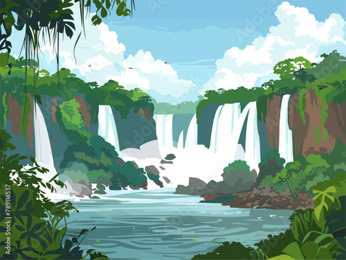 background, The Iguazu Falls on the border of Argentina and Brazil., very simple and isolate in the style of animated illustrations, background, text-based