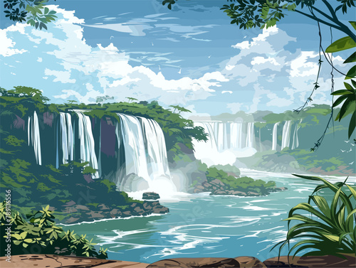 background, The Iguazu Falls on the border of Argentina and Brazil., very simple and isolate in the style of animated illustrations, background, text-based