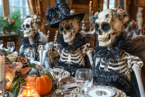 A themed dinner setup with skeletons dressed in fancy attire, creating a spooky yet sophisticated atmosphere