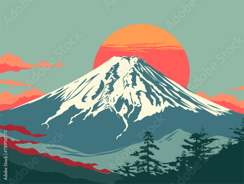 Obraz na płótnie background, The Mount Fuji in Japan., very simple and isolate in the style of animated illustrations, background, text-based w salonie