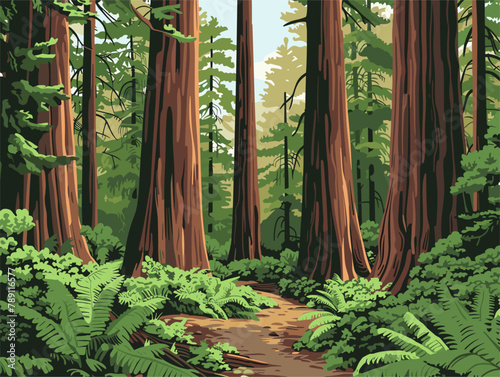 background, The Redwood National and State Parks in California, USA., very simple and isolate in the style of animated illustrations, background, text-based