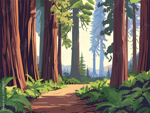 background, The Redwood National and State Parks in California, USA., very simple and isolate in the style of animated illustrations, background, text-based