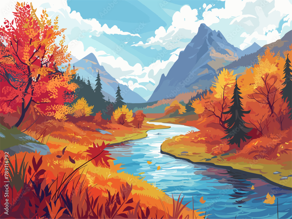 Obraz premium wither background, A peaceful river winding through a valley ablaze with autumn colors, in the style of animated illustrations, wither background, text-based