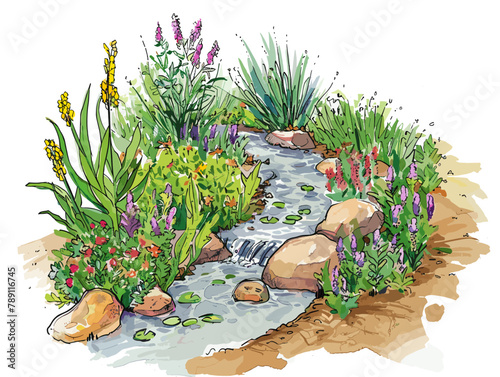 white background, Setting up a rain garden to filter and absorb rainwater, in the style of animated illustrations, background, text-based