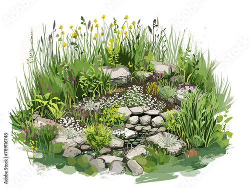 white background, Setting up a rain garden to filter and absorb rainwater, in the style of animated illustrations, background, text-based