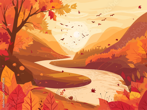 wither background, A peaceful river winding through a valley ablaze with autumn colors, in the style of animated illustrations, wither background, text-based