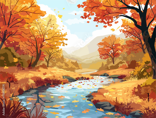 wither background, A peaceful river winding through a valley ablaze with autumn colors, in the style of animated illustrations, wither background, text-based