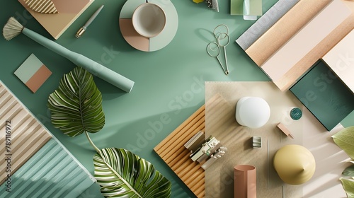 Stylish flat lay composition of creative architect moodboard design with samples of building textile and natural materials and personal accessories Top view green background template : Generative AI