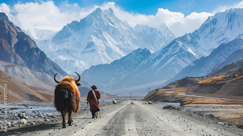 Yak and herdsman walking on Karakoram Highway  photo