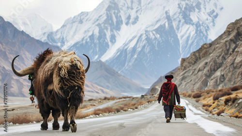 Yak and herdsman walking on Karakoram Highway  photo