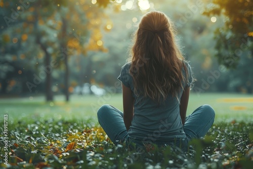 A serene girl sits on the grass in a park against a backdrop of trees and sunset, enjoying nature's tranquility photo