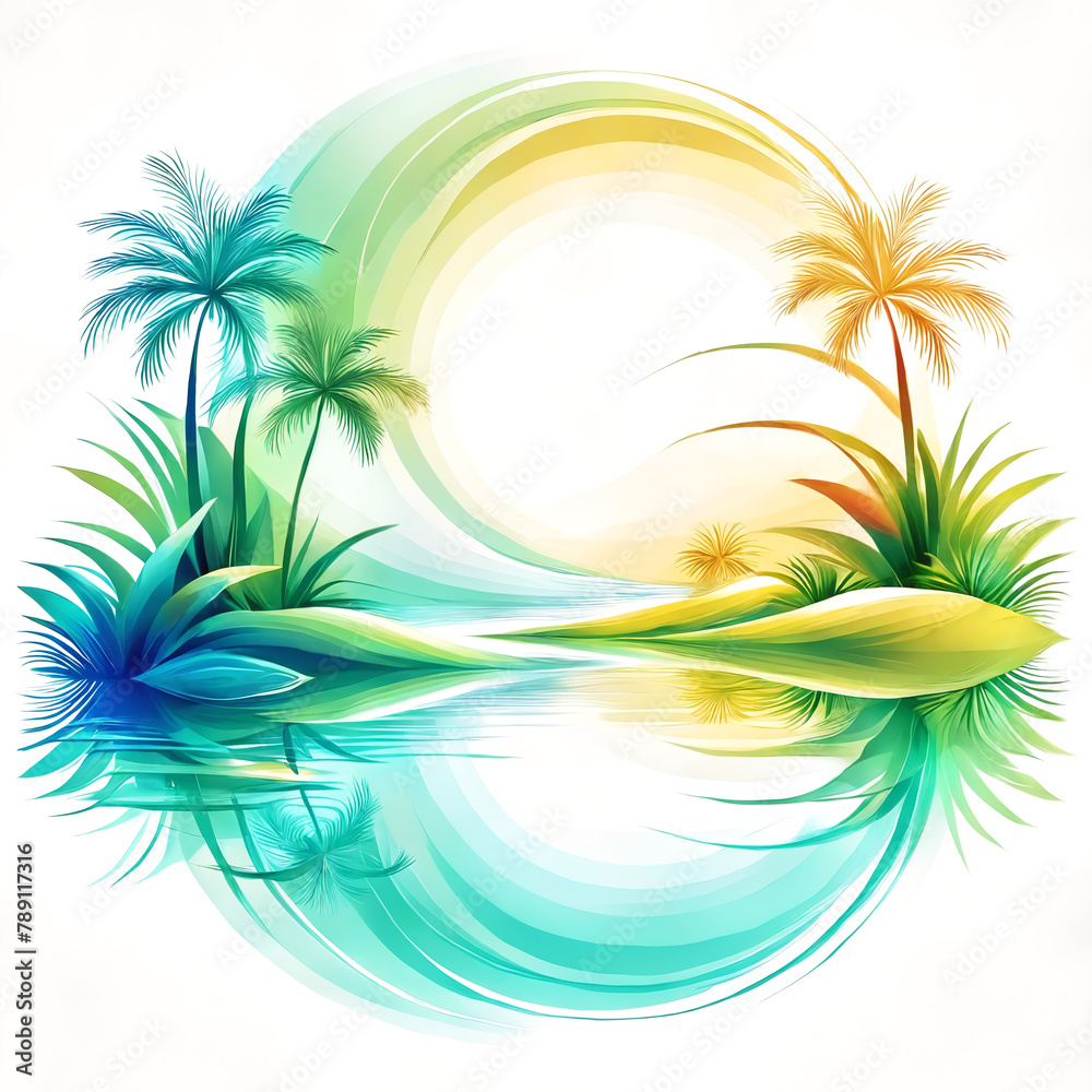 A beautiful tropical scene with a large circle of trees and water. The water is calm, with a reflection of the trees and the surrounding landscape visible. A beautiful tropical scene with a large circle of trees and water. The water is calm, with a reflection of the trees and the surrounding landscape visible.